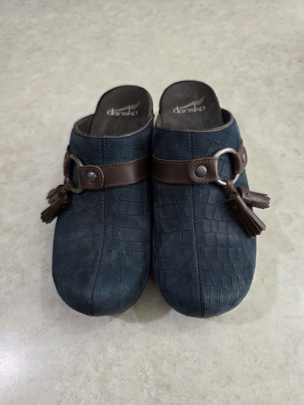 Dansko Men’s Navy Leather Clogs with Brown Accent